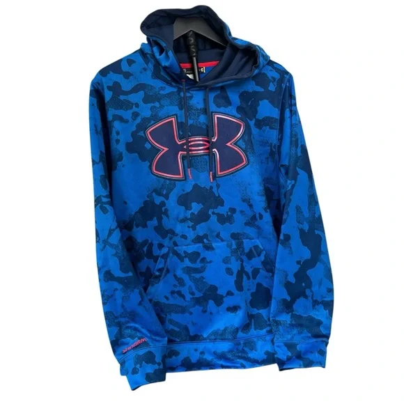 Under Armour Men’s L Blue Camo Pullover Loose Fit Hoodie with Red-Trim Logo - Picture 2 of 7